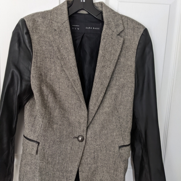 Zara Faux Leather Sleeve Herringbone Blazer - Picture 6 of 12